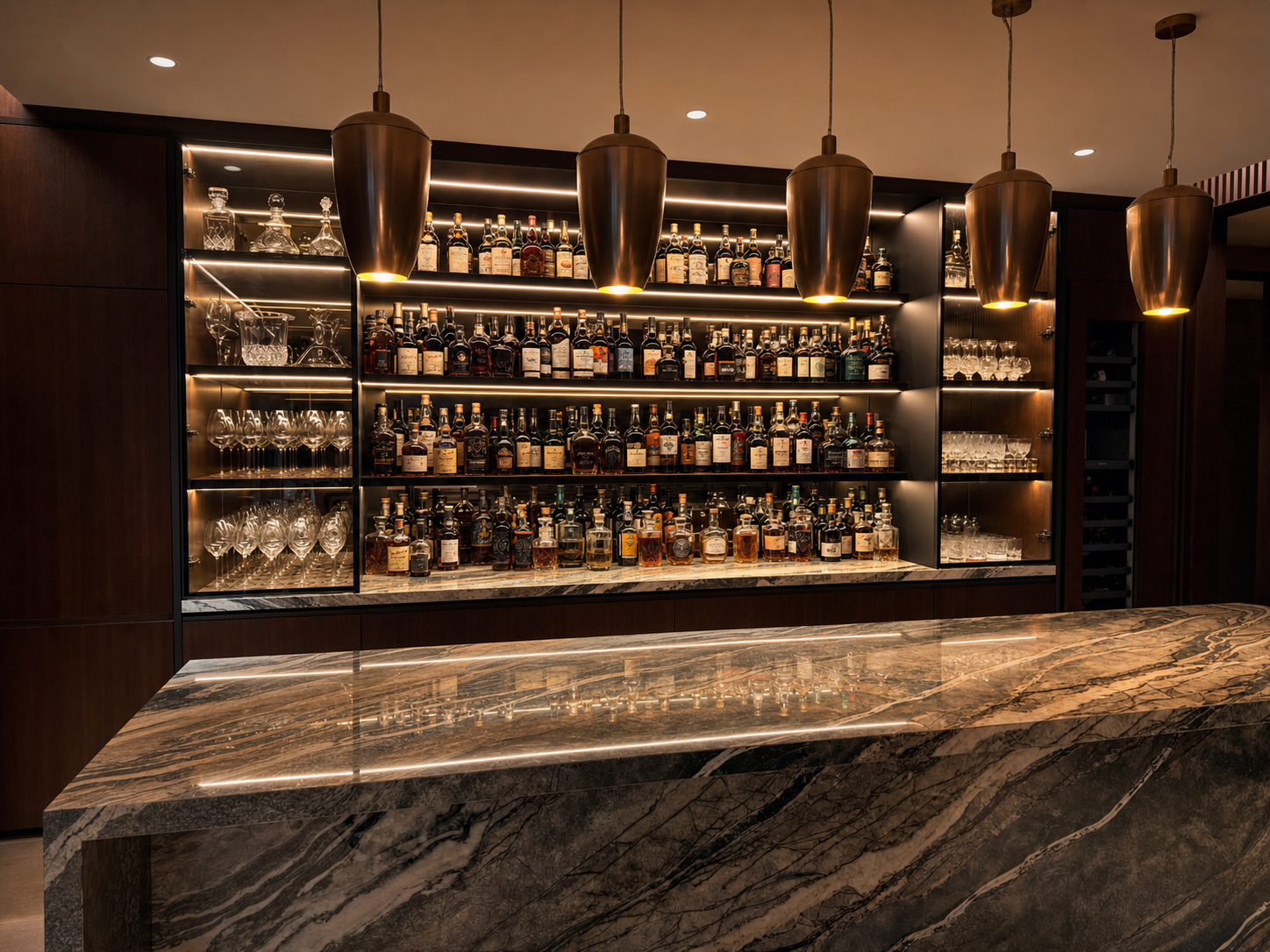 The Bock Bar marble counter and private whisky shelves